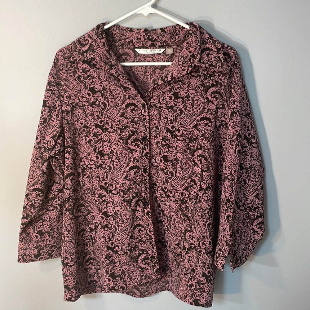 Fred David Stretch Womens XL Button Down Black/Mauve Blouse